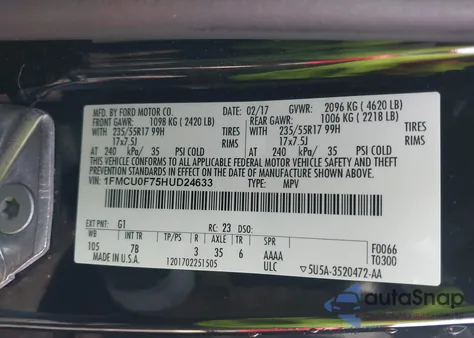 2017 Ford Escape S z USA, uszkodzony, nr VIN 1FMCU0F75HUD24633